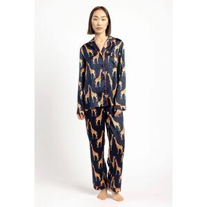 Chelsea Peers Navy Satin Giraffe Print Long Pajama set Size S